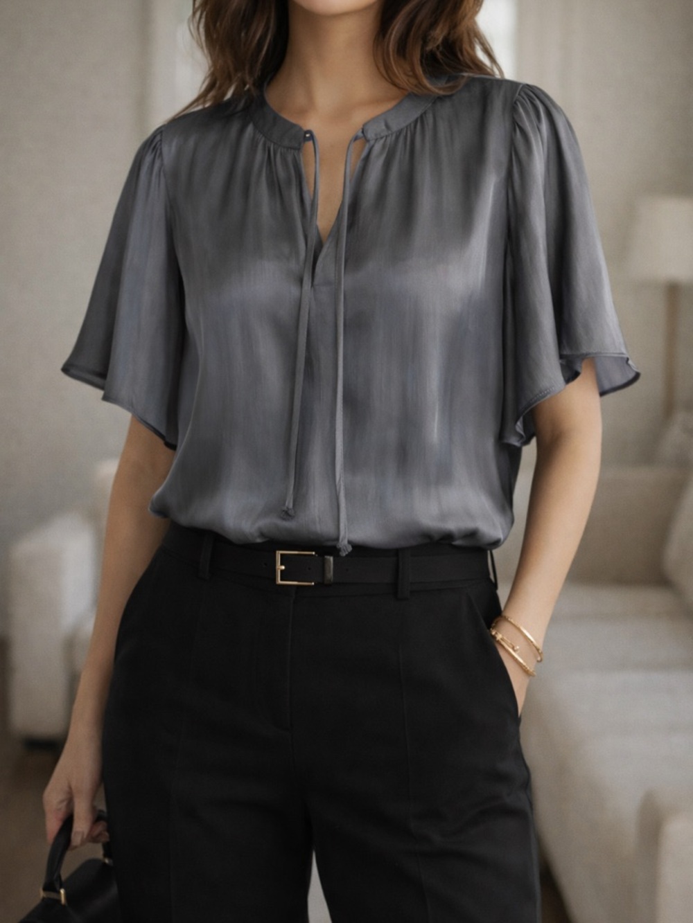 Melloday Metallic Gray Sheer Tie Neck Blouse XL Flutter Sleeve Top - Picture 5 of 9